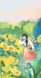 夏日乡间向日葵花海手绘壁纸插画