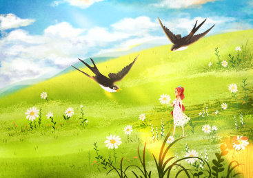 治愈插画一个人系列晴天燕归来