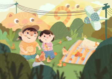 儿童节小朋友在放风筝野餐插画