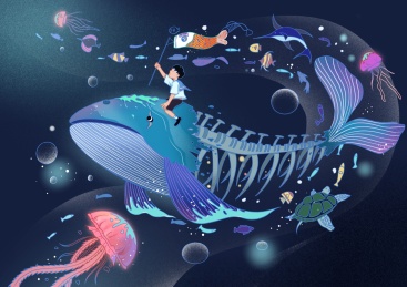 男孩骑着鲸鱼 周围有一群海洋生物