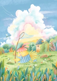 卡通鸡仔捕蜻蜓的故事