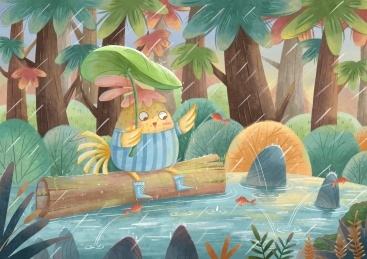 可爱卡通鸡仔下雨天玩水的故事