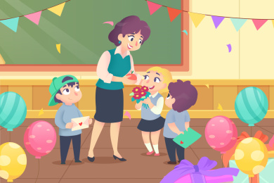 在黑板前给学生们上课的女老师