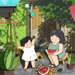 夏天妈妈和孩子在庭院吃西瓜纳凉 插画