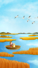 女孩和小狗在湖上坐船看大雁南飞