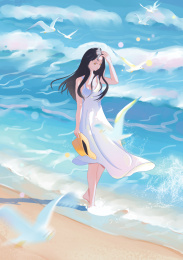 海边浪花行走少女手绘插画