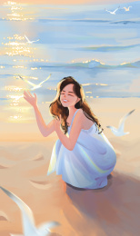 海边日落少女手绘插画