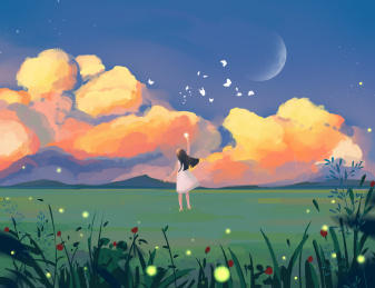 梦幻手绘夜晚天空插画