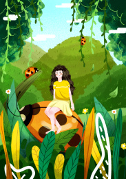 小女孩坐在瓢虫上玩耍