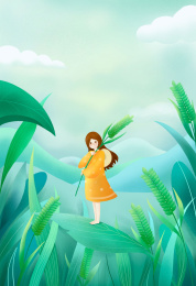 黄衣小女孩手举麦穗站在绿叶上