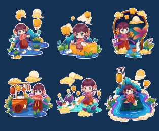 手绘彩色Q版嫦娥仙女中秋节赏月场景插画