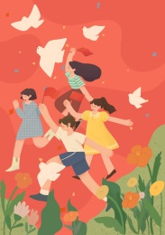 青年挥舞红旗庆祝十一国庆海报插画