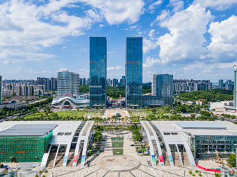 中国广东省江门市五邑华侨广场和万达广场双子塔