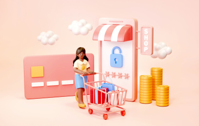 女人用手机网上安全支付购物三维插画