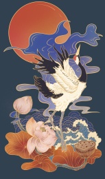 国潮风仙鹤荷花彩云浪花日落纹身图