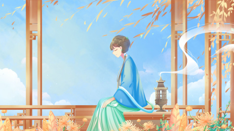 秋天古代女子坐在开满菊花的露台中