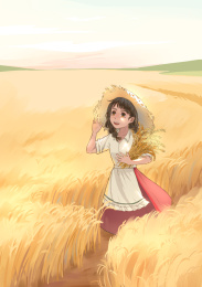 抱着一捆小麦的女孩在麦田里