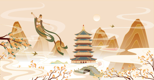 秋分节日宝塔东方飞天图