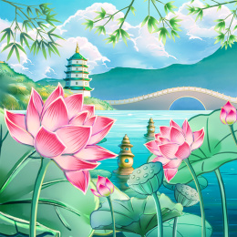 西湖雷峰塔断桥荷花