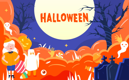 万圣节节日庆祝活动插画夜晚南瓜灯奇幻海报