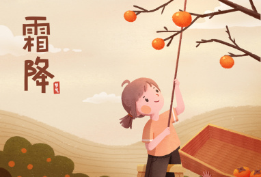 秋天节气霜降女孩摘柿子插画