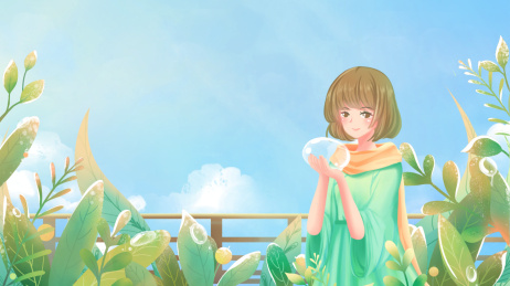 秋季植物丛中的少女手捧露珠和蓝天背景