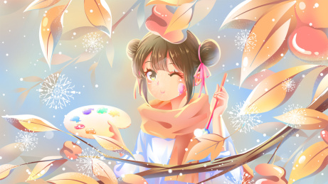 女孩拿着画笔开心的画出秋天的树枝霜雪
