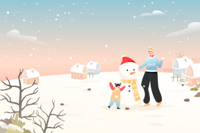 冬季亲子家人堆雪人矢量插画