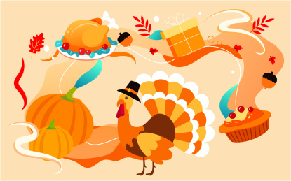 感恩节美食人物插画晚餐火鸡美味菜肴海报