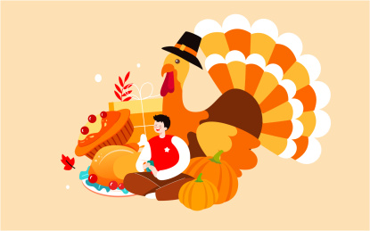 感恩节美食人物插画晚餐火鸡美味菜肴海报