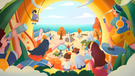 热闹的秋天市集里快乐的人们