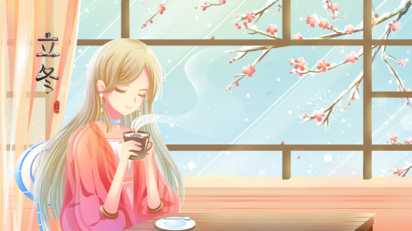 冬天室内窗边手捧热咖啡的美女立冬节气插画
