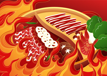 国潮风火焰中的火锅