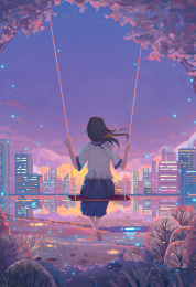 夜晚公园荡秋千的女孩