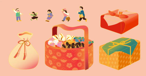 传统中式礼盒和亚洲家庭成员