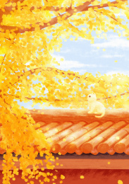 秋天古建筑屋顶上小猫在观看银杏树