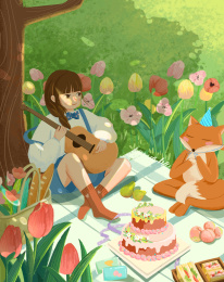 在森林里小女孩和狐狸野餐弹吉他过生日