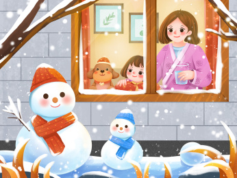 大雪在窗边看雪的母女和狗