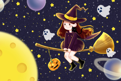 宇宙夜空里骑扫把的小女巫