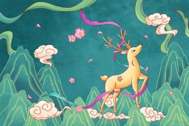 敦煌飞天九色鹿脚踏祥云国潮国风古风插画