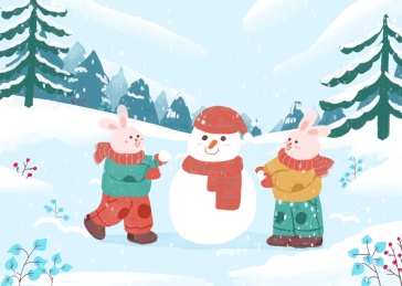 户外堆雪人的兔子手绘冬季插画