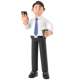 3D男士手持手机和咖啡杯插画元素