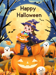 万圣节南瓜灯上的小魔女