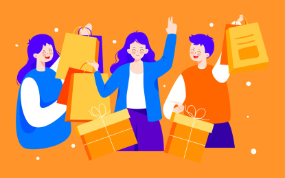 双十一网购狂欢节插画人物年货节购物海报