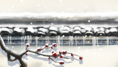 水墨风古墙梅花雪景