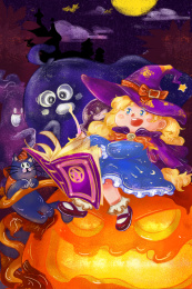 黄发小女孩坐在南瓜上给鬼怪们讲故事