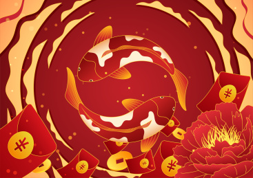 两条锦鲤在红包和牡丹花上游泳