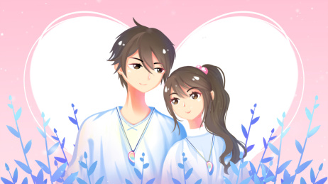 靠在一起对视的情侣搭配植物与粉色爱心背景