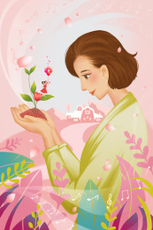 女人双手捧着花朵感恩节插画