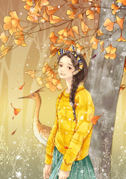 站在银杏树下感受秋意的黄衣少女